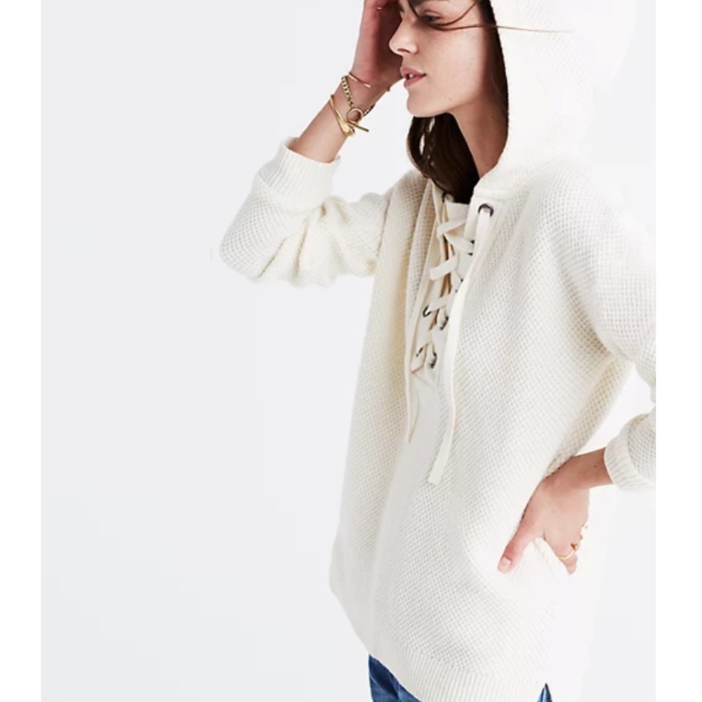 Madewell Lace-Up Hoodie Sweater Waffle Ivory Small